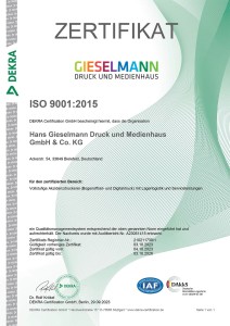 Abbildung des ISO 9001:2015 Zertifikat vom Gieselmann Druck und Medienhaus.