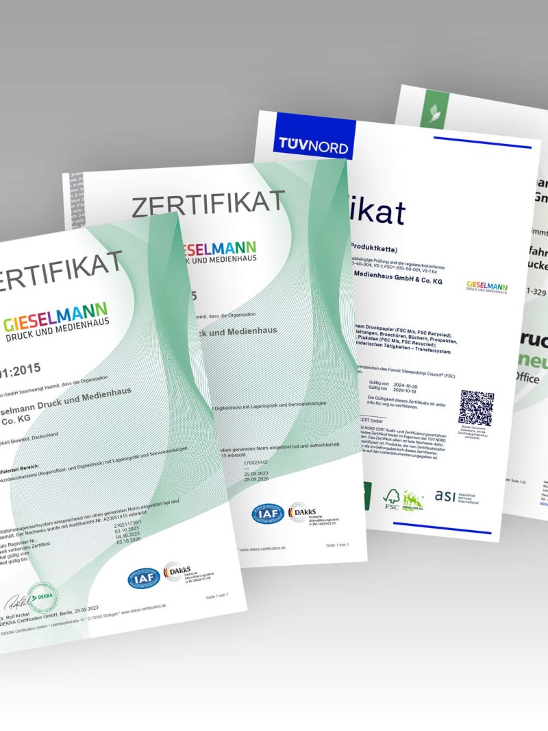 Darstellung unserer Zertifikate: ISO 9001, ISO 14001, FSC und Klimaneutraler Druck