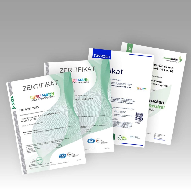 Darstellung unserer Zertifikate: ISO 9001, ISO 14001, FSC und Klimaneutraler Druck